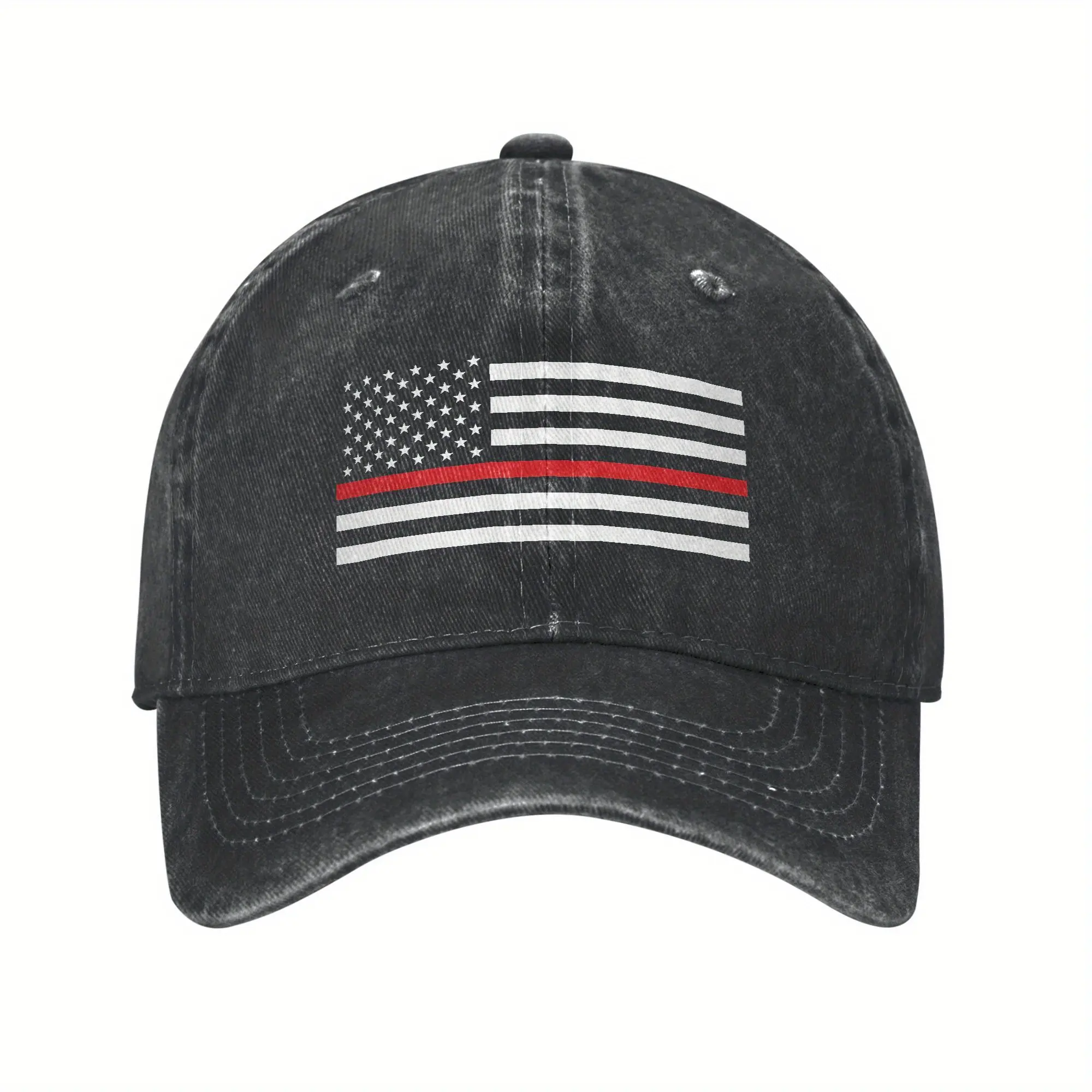 Thin Red Line Firefighter Flag Baseball Cap - Vintage Washed Denim Snapback Hat with American Flag & Red Stripe Design, Adjustable Unisex Breathable Foldable Sun Hat for Men Women, Outdoor Sports Daily Wear, Sports Sun Hat | Patriotic Hat | Foldable Hat