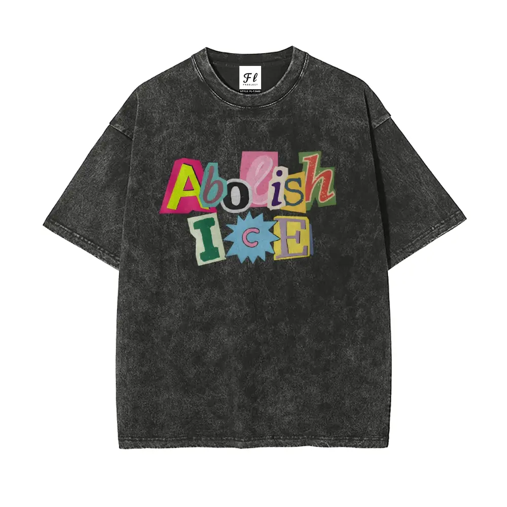 Men's Oversized Stretch Casual Round Neck Short-Sleeve Retro Cotton Vintage Washed T-Shirt with Abolish ICE Satirical Political Graphic,summerwins,father'sdaygifts