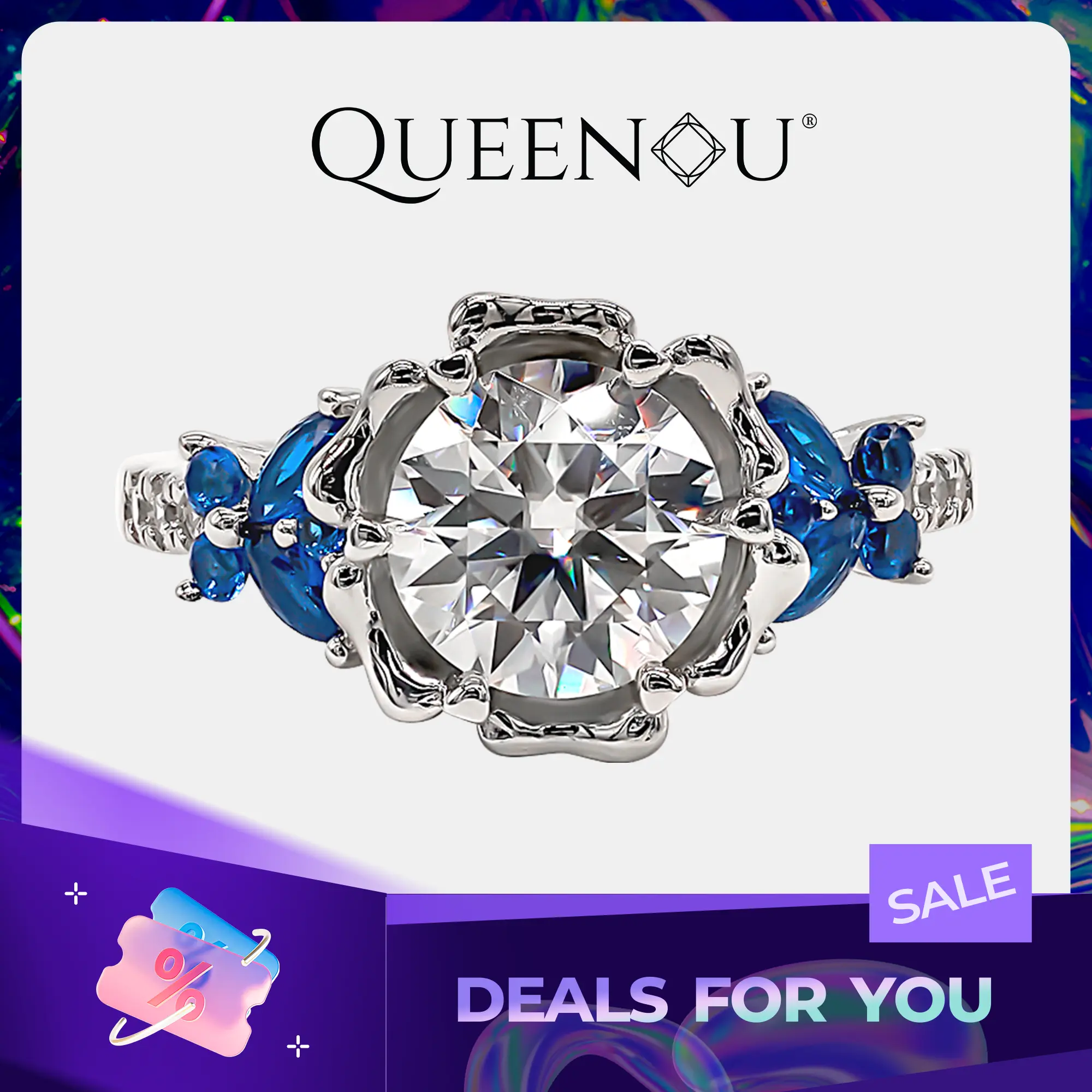 "Springtime Symphony" 2ct Synthetic Moissanite Ring, Blue Butterflies Petal-Set Moissanite Wedding Ring (730)