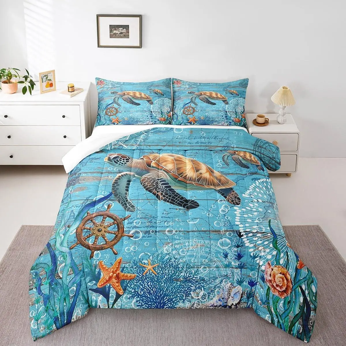 Sea Turtle Comforter Set,Navigation Route Bedding Set for Adults Teens,Children Starfish Coral Comforter Luxury Compass Rudder Quilt Set,Room Decor