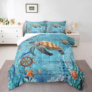 Sea Turtle Comforter Set,Navigation Route Bedding Set for Adults Teens,Children Starfish Coral Comforter Luxury Compass Rudder Quilt Set,Room Decor