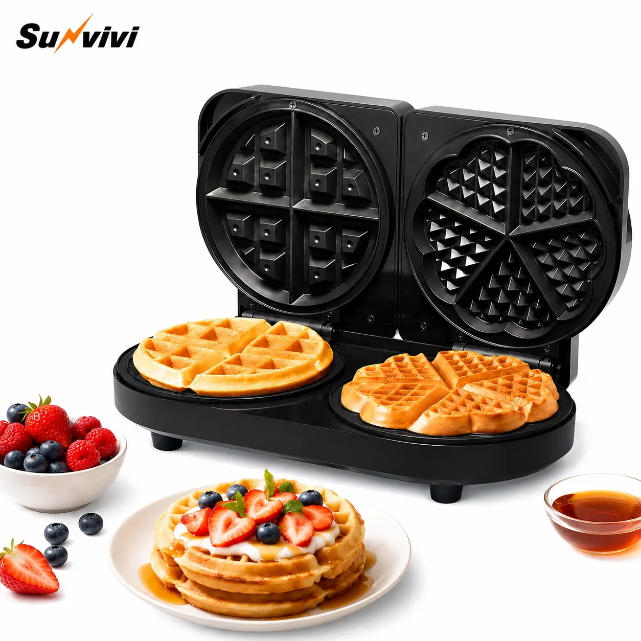 Sunvivi Dual Waffle Maker - Heart & Classic Nonstick Iron, 2 Adjustable Temp Knobs, Indicator Light, 1000-1499 W (100 w & above), Dual-Side Heating, Easy to Clean, Vertical Storage, 12.4"l x 6.9"w x 3.9"h, 3.8 lbs, Kitchen Appliances, Holiday Gift for Her