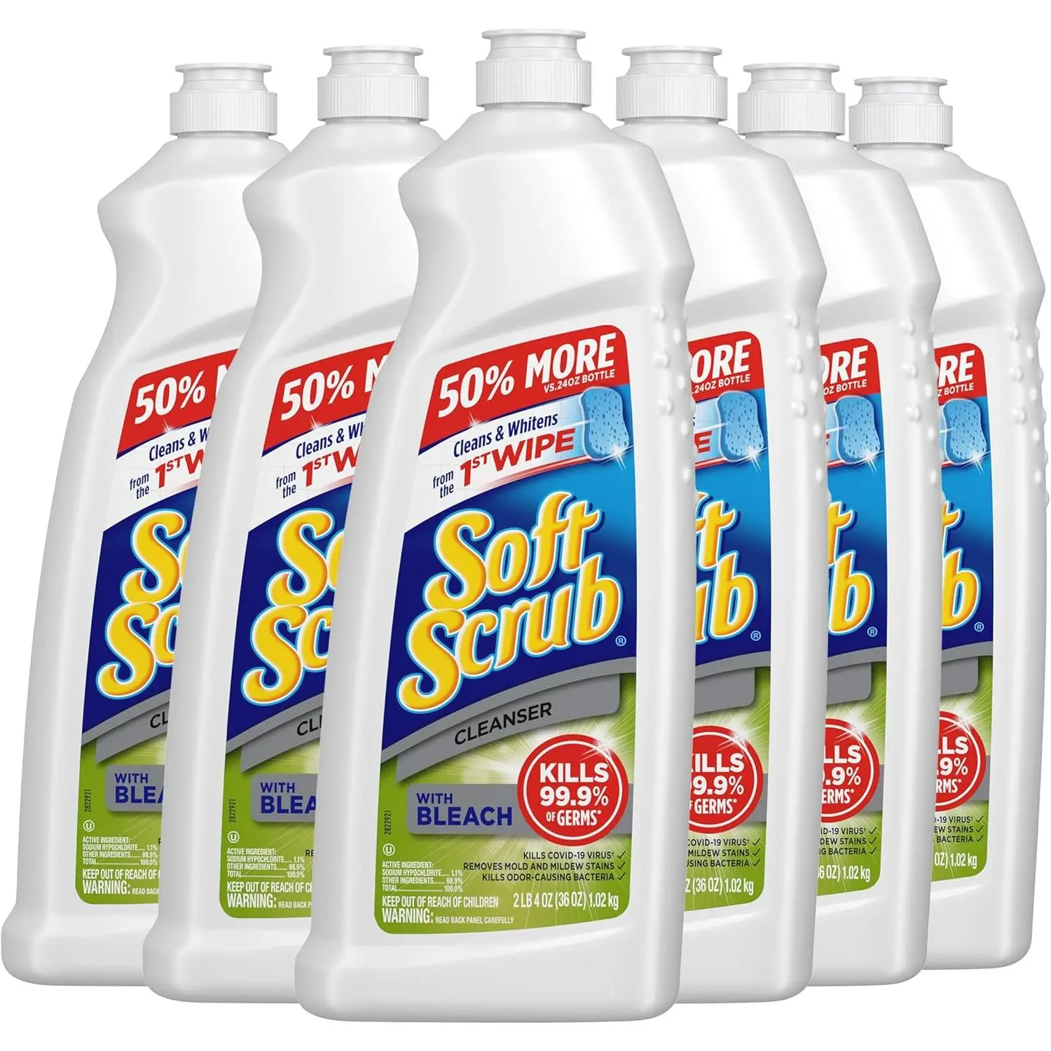 Soft Scrub Antibacterial Bleach Liquid Disinfectant Cleaner - 36 oz (Pack of 6) Unscented Home Care Supply, Multipurpose Household Cleaner for Stainless Steel, Plastic Surfaces, Toilet Ring Removal, Soap Scum, Bug Killing, Kitchen Cleaners