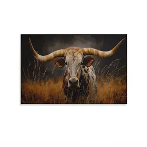Texas Longhorn Steer in Grass – Extra Large Dark Brown Painting, Rustic Farmhouse Wall Art, Cow-Inspired Decor