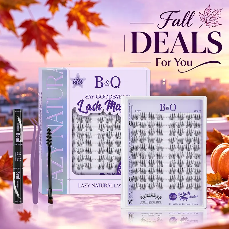 Idol Lash Kit,B&Q Natural Cluster Eyelashes Extension Kit (Left & Right Lashes), No Lash Map Series, 0.05mm Invisible Band Lightweight, CC Curl, Waterproof Bond Seal, Week-Lasting for DIY Vacation Use, Nature-Inspired Look #TikTokShopFallDealsForYou
