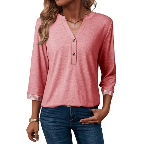 Dokotoo Womens Tops 3/4 Length Sleeve T-Shirts V Neck Button Down Dressy Casual Loose Basic Tee Blouses Fall Clothes