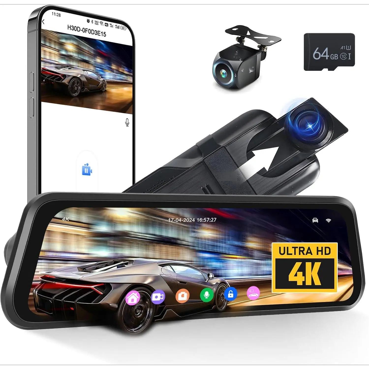 RIMOODY 9.66" 4K Mirror Dash Cam for Autos, Front & Rear Dual AHD Waterproof Cameras, Rear View Mirror Replacement, Night Vision, G-Sensor, Parking Assistance, 24H Parking Monitor, BSD, APP Control for Cars/Trucks