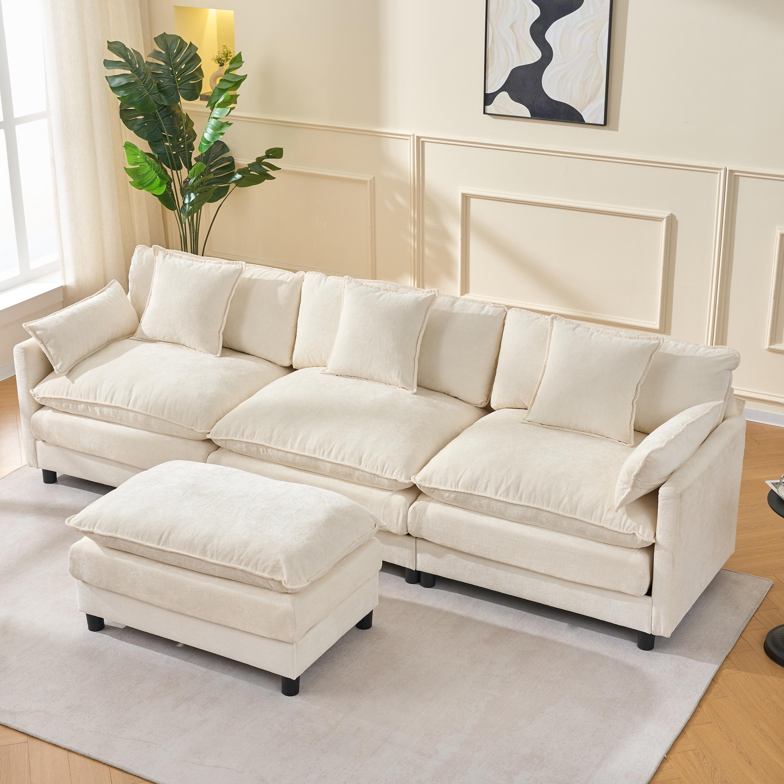 Niccae Large Sectional Sofa with Ottoman, 4-Seat L Shaped Cloud Couch for Family, Pet Friendly Chenille Fabric, Easy Clean, Sturdy Wood Frame, Quick Assembly Living Room Furniture for Home Office