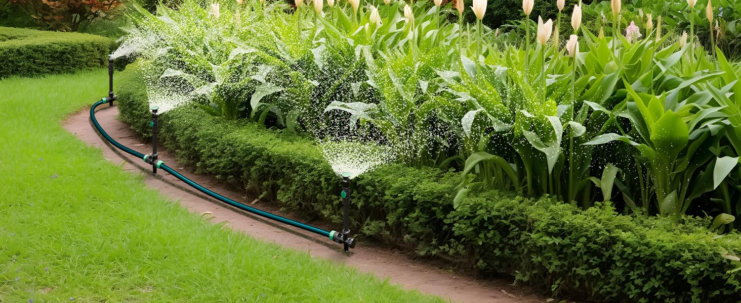 RESTMO Flexible Sprinkler System with Metal Spike Base, Above Ground DIY Irrigation Kit, Multi-Adjustable Lawn Sprinkler Set, Ideal for Plant and Flower Bed Watering, 30ft Garden Hose Included