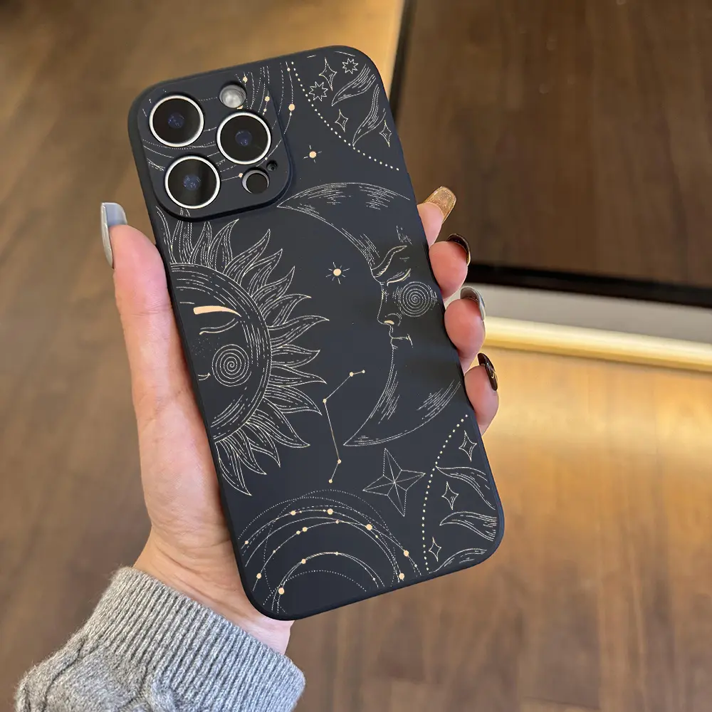 Featuring a sun and moon line art theme, this drop-proof and non-slip TPU full-coverage camera phone case is compatible with iPhone 17, 16, 15, 14, 13, 12, 11, XS, X, and Samsung models. It makes a great gift for friends or family.