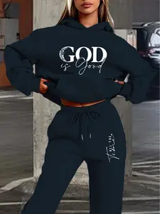 Women's Hooded Sweatshirt Set, Knit Long Sleeve Casual Drawstring Pullover, Loose Fit, Comfortable Daily Wear, Womenswear