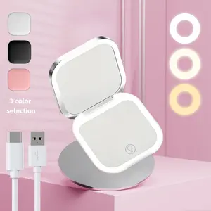 Portable LED Folding Makeup Mirror, HD Mirror, Three Color Natural Light, Adjustable Brightness, USB Charging, 3x Magnification, Pocket Size, Lighted Makeup Mirror