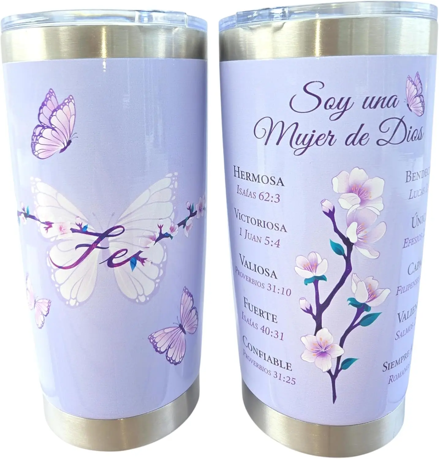 20oz Purple Floral Spanish Inspirational Tumbler Soy una Mujer de Dios Christian Faith Religious Scripture Stainless Steel Travel Cup