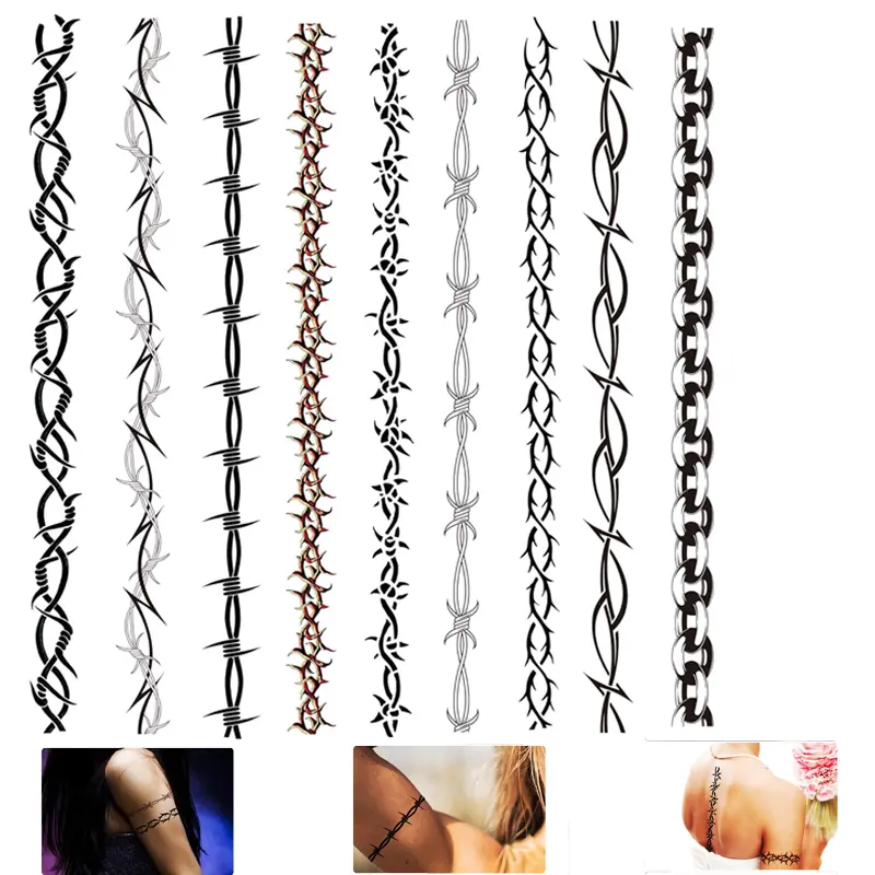 9 Sheets Barbed Wire Temporary Tattoos, 1.2 x 13.3 Inch Long Waterproof Armband Tattoo Stickers, 3 Unique Rebellious Patterns, Easy Apply Removable Fake Tattoos for Halloween Music Festival Party Cosplay