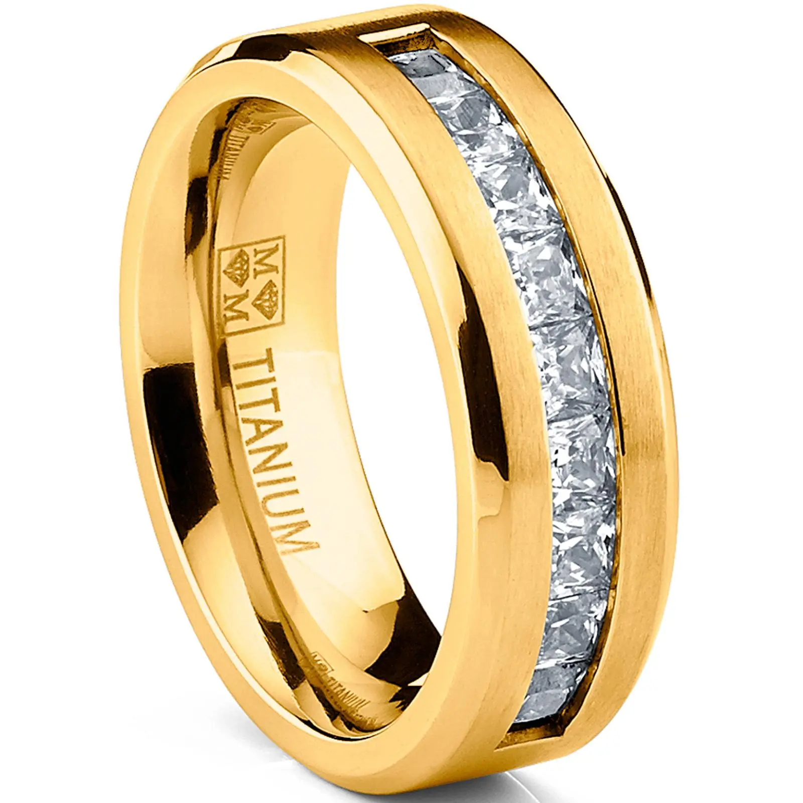 Men's Titanium Wedding Band - 9 Large Synthetic Zirconia, Goldtone, Hypoallergenic Beautiful Ring for Adults, Engagement & Anniversary Gifts for Him