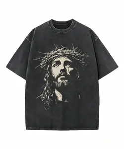 Menswear Unisex Round Neck Short-Sleeve Heavyweight Cotton T-Shirt - Acid Washed Distressed Jesus Christian Casual Streetwear Top, Festive Faith Apparel Religious Gift for Him/Her, Church Wear