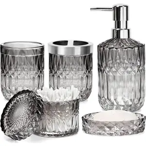 Bathroom Accessories Set, 5Pcs Bathroom Soap Dispenser Set, Glass Bathroom Accessories with Glass Soap Dispenser, Soap Dish, Toothbrush Holder, Tumbler, Cotton Swab Jar (Gradient Black & Clear)