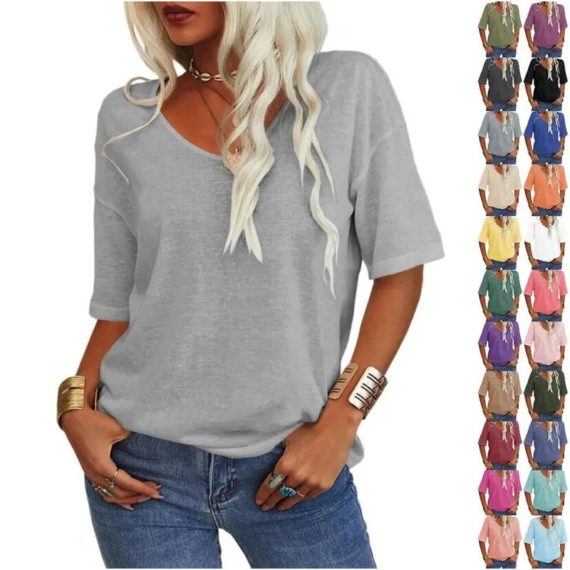Imily Bela Women's Casual Half Sleeved T-shirt with Shoulder Drop V-neck Large T-shirt, Summer Solid Color Loose Fitting Basic Top