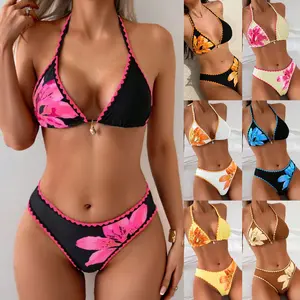 New arrival! Ins-style sexy three-piece bikini swimsuit with custom printed design and tie-up details.