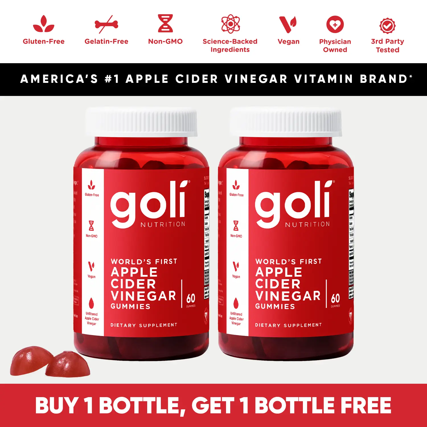 2 Bottles of Goli Apple Cider Vinegar Gummy Vitamins - Vitamin B12, Gelatin-Free...