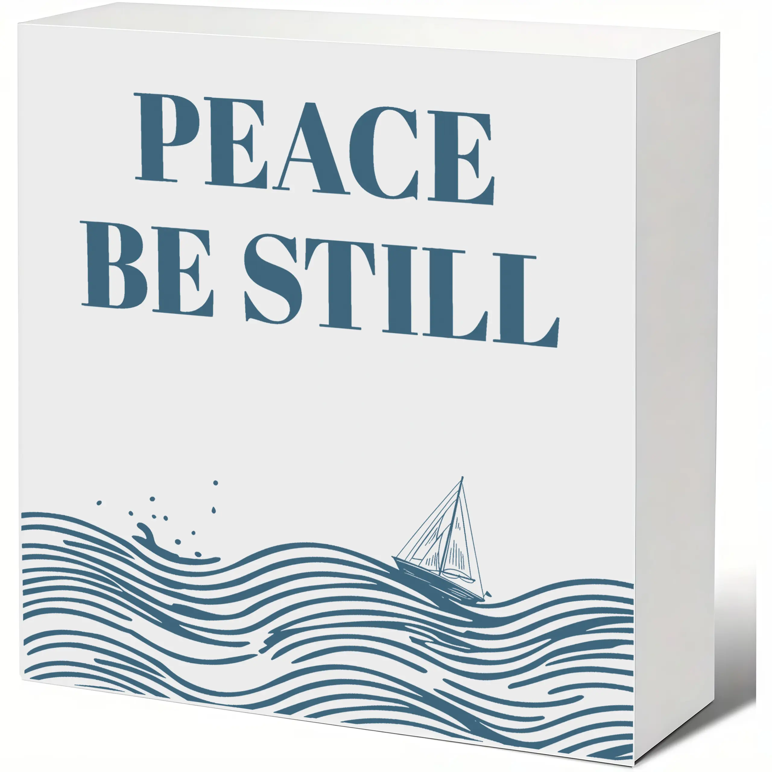 Peace Be Still Wooden Box Sign, Ocean Wave Sailboat Christian Quote Freestanding Wood Block, Nautical Tabletop Decor, Religious Gift for Birthday & Christmas