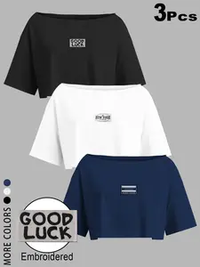 Women's Off Shoulder T-Shirt 3 Pcs/1 Pack, 2026 TikTok Viral Asymmetrical Crop Tops, Casual Loose Short Sleeve Tees with Embroidered Letter Patches, Good Luck New York Print,Daily, Party, Club, Vacation, Street Style Outfits, Teen Girls & Young Women,