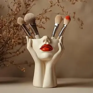 1pc Elegant Resin Makeup Brush Holder with a Red Lip Design - a Lightweight Synthetic Resin Cosmetic Organizer, Pen Holder, and Freestanding Desktop Organizer for Use in the Bathroom or on a Dressing Table.