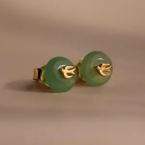 Jade Bird Studs by Caitlyn Minimalist - 18K Gold Plated Dove Earrings - Dainty Round Green Stud Earrings - Boho Nature Jewelry - Perfect Gift for Mom