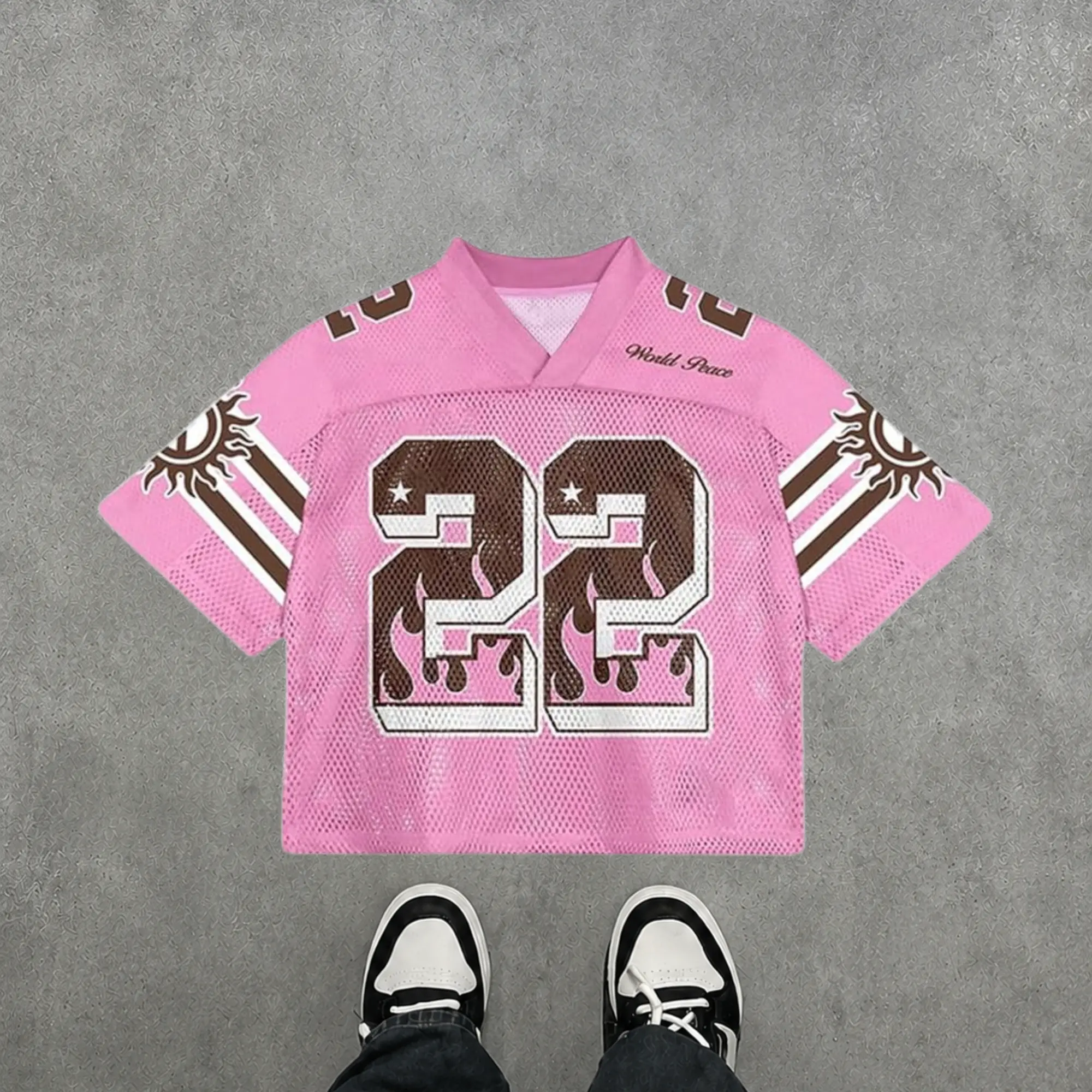 Pink Flame Mesh Football Jersey, Oversized All Over Print Sports Shirt, Breathable Streetwear Jersey Y2K Oversized Sports Top