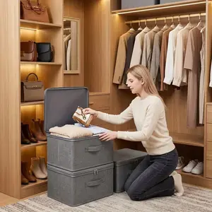 2-Piece Foldable Storage Boxes | Clothing Storage Organizer | Lidded Dustproof Storage Box | Large Gray | Suitable for Closet and Bedroom | Family Use