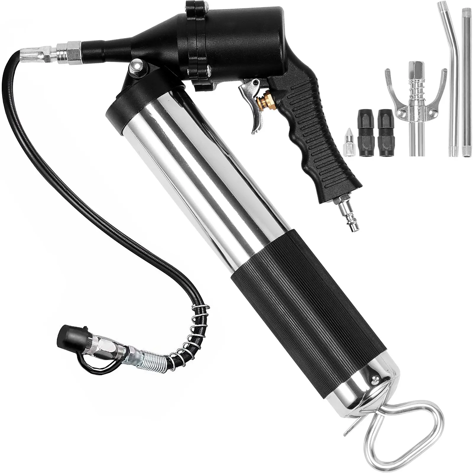 【Summerfinds】VEVOR Air Operated Grease Gun 6000PSI14 OZ/400 CC Capacity Heavy Duty Pneumatic Grease Gunwith 18.5 Inch Flexible Hose1 Black Flat Coupler Pointed Coupler Bent Metal Pipe Locking Clamp Coupler