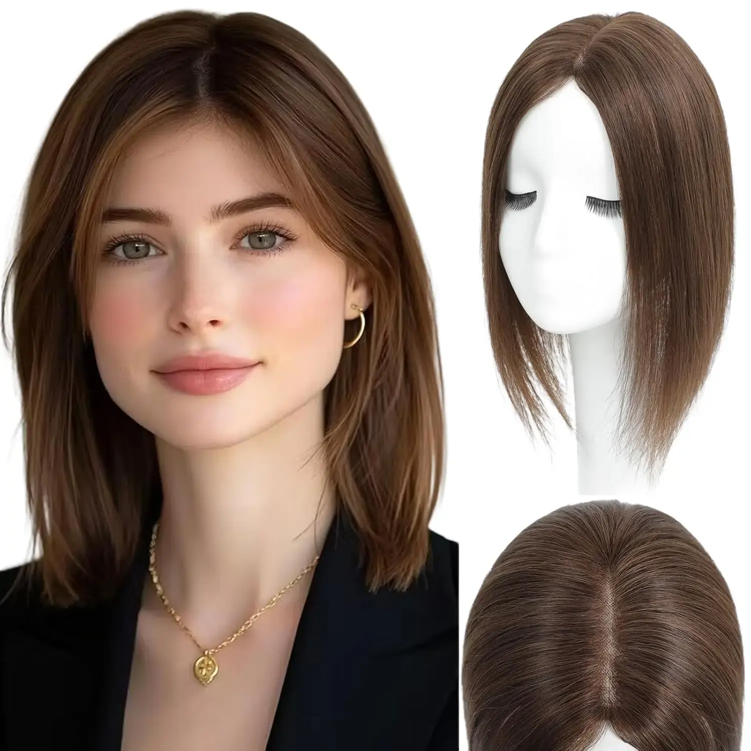 12 Inch Human Hair Toppers for Women Straight No Bangs 4.6x4 Inch Mono Base Secure Clips Hair Pieces