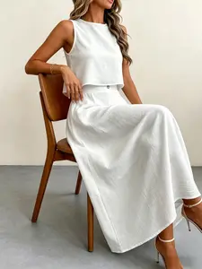 French Vacation White Textured Sleeveless Top & Button-Front Midi Skirt Two-Piece Set Minimalist Office Casual White Textured Sleeveless Top & Button-Front Skirt Co-Ord Set Elegant Date Night White Textured Sleeveless Top & Button-Front Waist-Cinched Skir