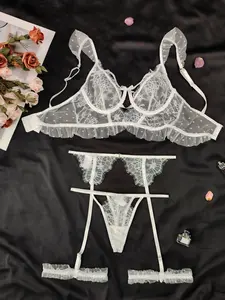 Christmas Romantic Midnight Floral Embroidered Lace Lingerie Set, Adjustable Bra and Thigh Straps, Comfortable Women's Underwear