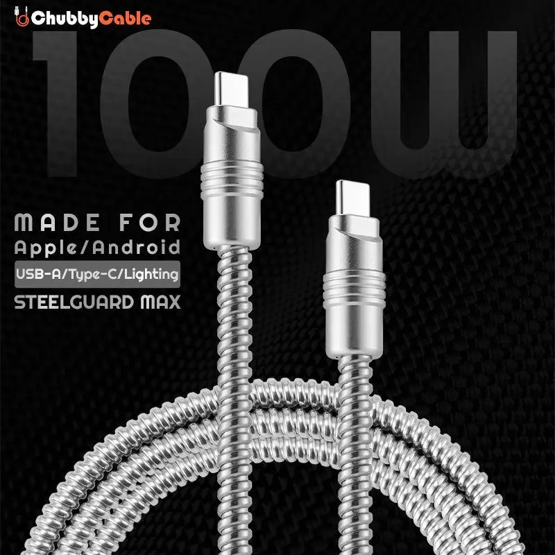 Chubbycable SteelGuard Max Anti-Bite Chew-Proof Stainless Steel Reinforced 100W Fast Charging Type-C Cord with Anti-Bite Technology, Flexible Strong Phone Charger Cord for Mobile Phones