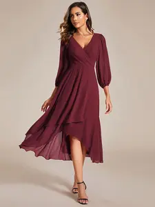 Ever-Pretty Valentine dress Spring  dress,Fall Long Sleeves Elegant & Flattering Chiffon Midi Dress with Deep V-Neck, Puff Sleeves and Asymmetrical Hem – Size Inclusive for Special Occasions ,Wedding Guest Dress ,Fall wedding dress,Holiday dress 01926