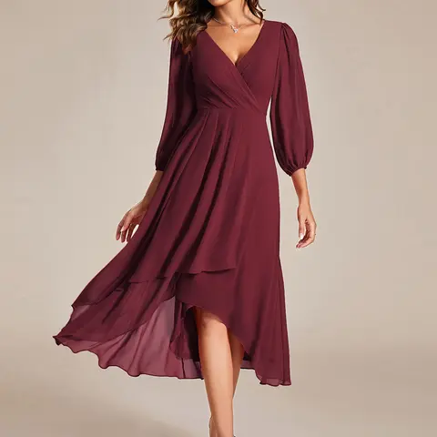 Ever-Pretty Women's Classic Fall Polyester Chiffon Midi Dress - Long Puff Sleeves, Deep V-Neck, Asymmetrical Hem, Size Inclusive, Dry Clean Elegant Wedding Dress, Formal Wear for Wedding Guests & Bachelorette Party 01926