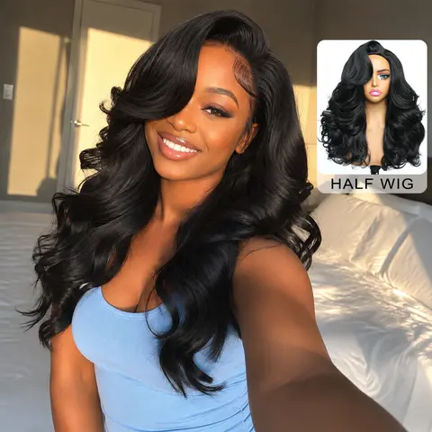FABÉLLE 3-in-1 Glueless Yaki Wavy Synthetic Wig for Females Half Wig, 20in No Lace Wear-and-Go, Drawstring Cap, Face Framing Layers Wig, Seamless Blend Natural Hairline, Heat Resistant, Beginner-Friendly, Versatile Long Wig for Black Women