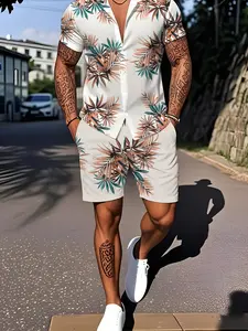 Men's Fashionable Outdoor Set, Shirt + Shorts Combination, Full-Body Print with Pocket, Polo Collar Casual Outfit Menswear Classic Menswear Classic Clothes Stylish Suits Formal Chainsaw Tropical Floral Pattern Shortsleeve