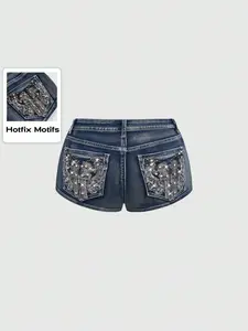Women's Summer New Arrival Retro Y2K Style Low Waist Slim Fit Embroidered Rhinestone Pockets Denim Jeans Shorts, Party, Date, Music Festival, Nightclub
