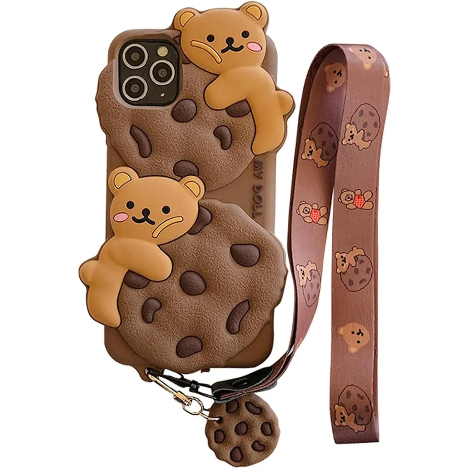 Women's iPhone 11 Soft Silicone Case with Lanyard Strap Keychain, Cute Bear Cookie Cartoon Characters Design, Button Protector & Fingerprint-Proof Cover - Ideal Birthday, Christmas Gifting Accessory