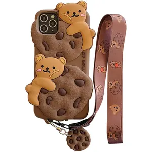 Case for iPhone 11 with Strap Lanyard Keychain Cute Bear Cookie Kawaii Funny Soft Silicone Shockproof Protective Cover for Women Girls