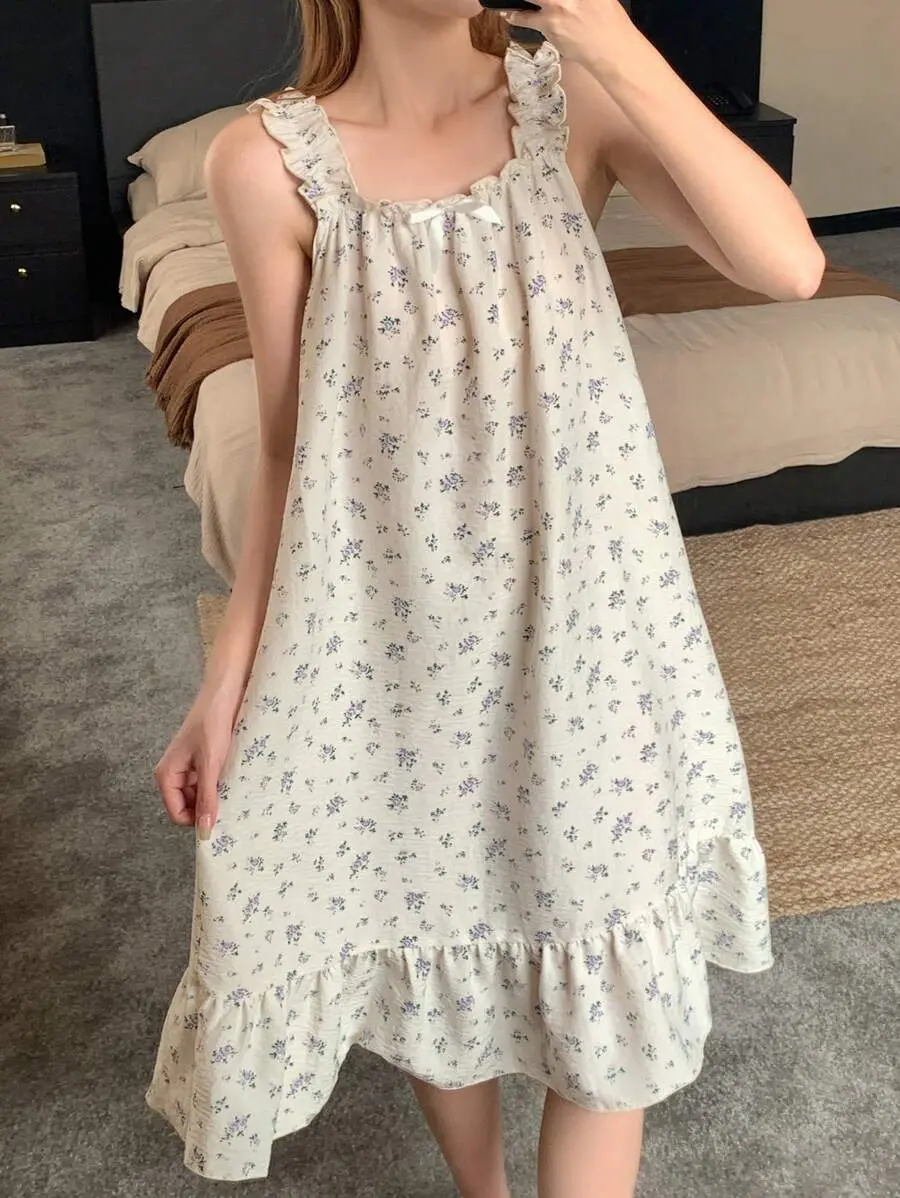 Ditsy Floral Frill Trim Cami Sleep Dress Pajama, Moo Moo Night Dress - Back to School Outffit
