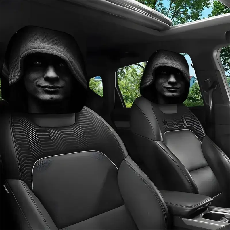 2-Pcs/11x10.2 Inch Mystery Pattern Hooded Figure Anti-Dust Car Headrest Covers - Dark Aesthetic Elastic Fabric Seat Decor, Easy Installation, Snug Universal Fit Durable Automotive Enthusiasts’ Interior Accessory Gift for Daily Commute