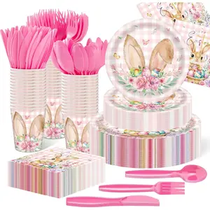 350 Pieces Easter Plates and Napkins Set for 50 Guests,Disposable Party Supplies with Paper Plates, Napkins, Cups, Bunny Theme Tableware Decorations2026