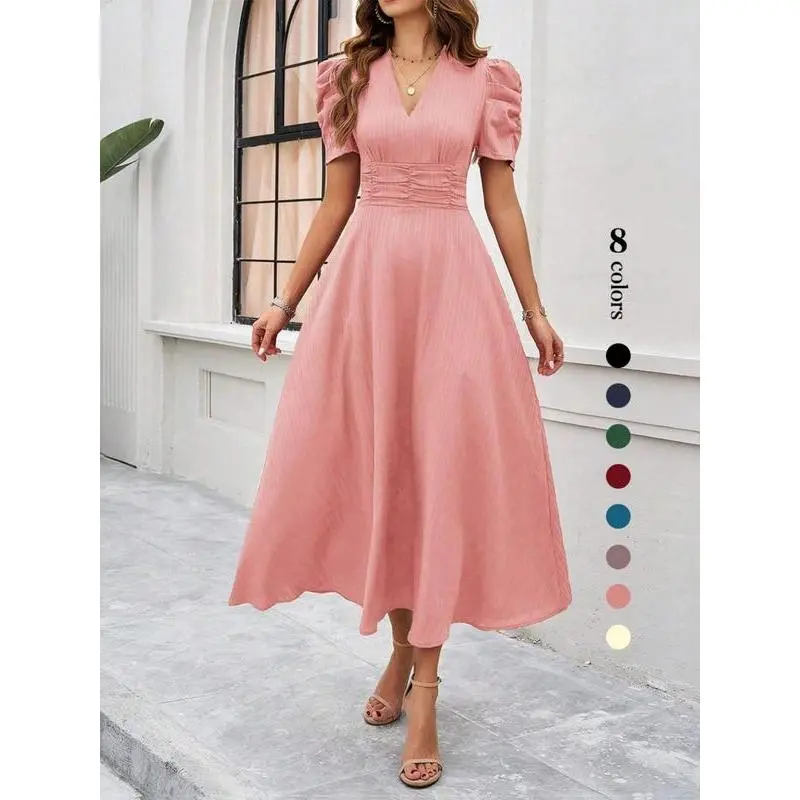 knee length dresses for ladies Long-Sleeved Midi Dress with Flared Skirt in Plain Lipstick Pink Silk –  Lalage Beaumont main image 1