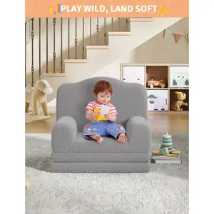 2-in-1 Wide Convertible Kids Sofa Couch, Sherpa Toddler Armchair & Chaise Lounge Chair, Soft High-Density Foam Children’s Furniture, Machine Washable Cover, Non-Slip Base, Lightweight Kids Seat for Playroom, Bedroom, Gift