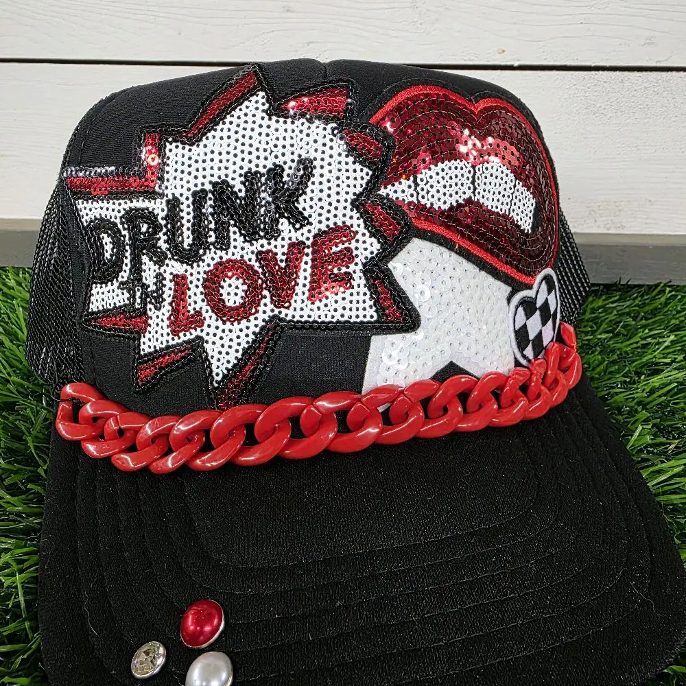 Drunk in Love Foam Hat with Sequin Design and Red Chain Trim.