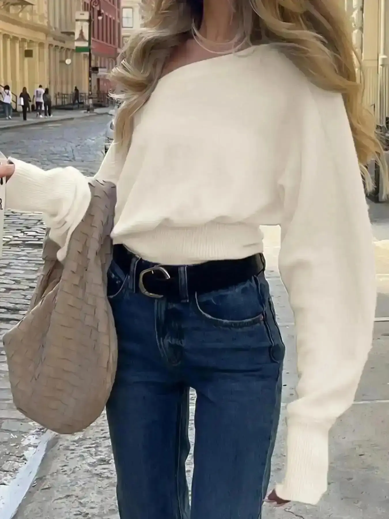 Mohair Fuzzy Sweater, Ribbed Sweater, Casual Asymmetrical Neck Long Sleeve Jumper for Spring, Fashion Knitwear Daily Wear Women Ladies Cute Everyday Lightweight Flowy Comfort Feminine Breathable