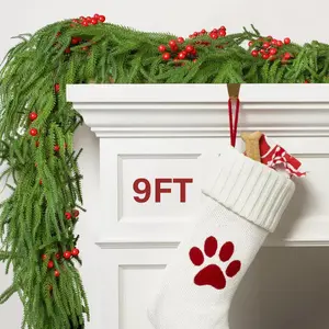 9FT Christmas Garland with Red Berries Artificial Real Touch Norfolk Pine for Mantle Stairs Railing Indoor Outdoor holiday table decor